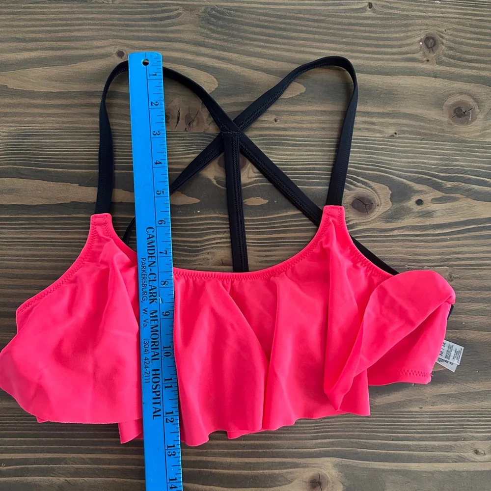 Women’s VS PINK Ruffle Bikini Top M Pink Black Criss Cross Y2K Cute